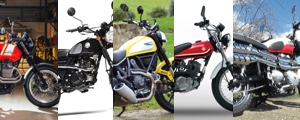 Comparatif 5 scramblers : Ducati Triumph Moto-Guzzi Suzuki et Mash