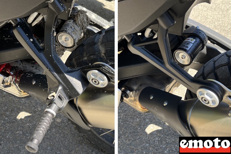 a gauche le repose pied passager en option a droite le support de serie pour une moto monoplace