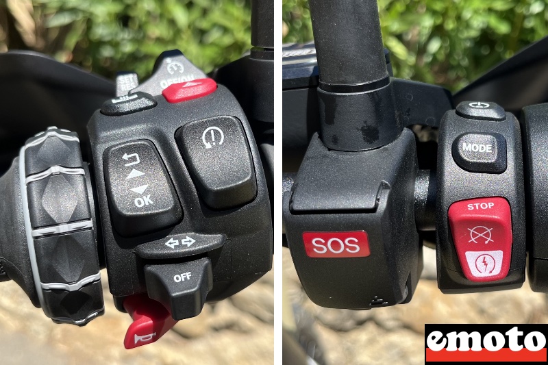 comodos gauche avec la molette si vous optez pour le gps en option le regulateur de vitesse les poignees chauffantes etc  a droite les modes de conduite et le demarrage sans cle