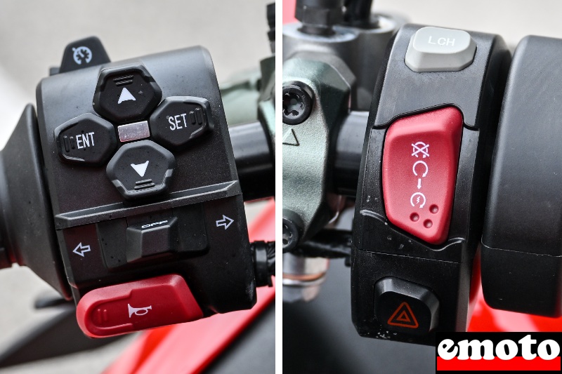 a gauche l acces au menu le regulateur en haut et le controle de traction derriere a droite le launch control en haut