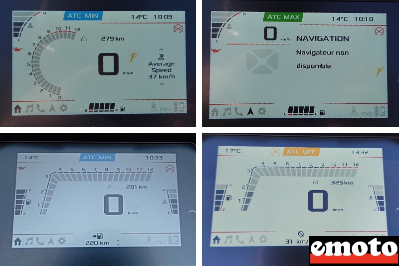tableau de bord de 5 pouces avec differents affichages avec l activation ou non du controle de traction et de l abs a l arriere