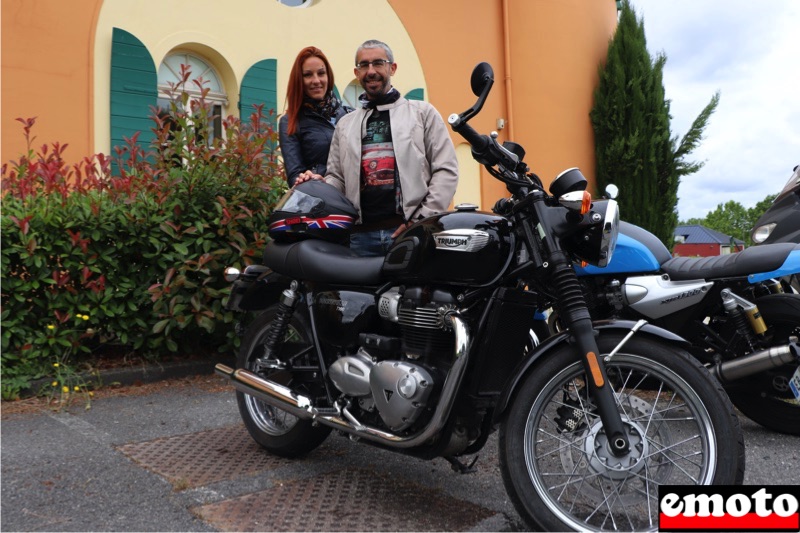 Michael et Tania avec leur Triumph Bonneville T100 en A2, michael et tania avec leur triumph bonneville t100