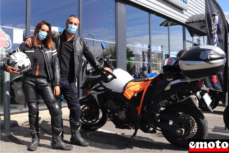 Michael, Mégane et la Suzuki V Strom 650 chez Runaway Bikes, michael et megane avec la suzuki v strom 650 chez runaway bikes