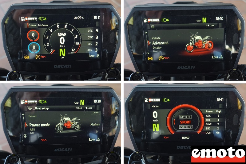 differents affichages du tableau de bord notamment des reglages