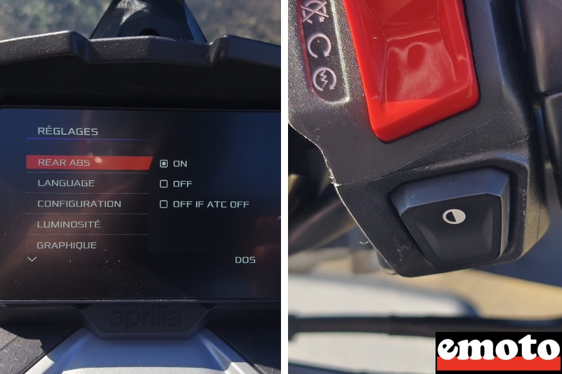 avec le bouton au pouce droit on peut choisir le niveau de controle de traction min max et off et deconnecter l abs a l arriere si on le maintient